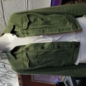 COPY - Free People Army Green Jean Jacket with distressed details.